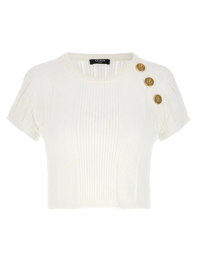 Balmain Buttoned Cropped Knit Top In White