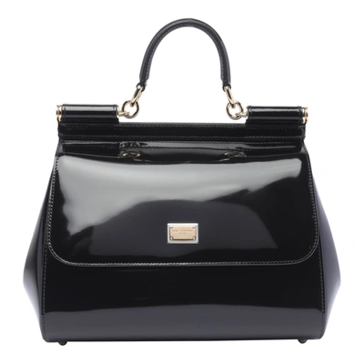 Dolce & Gabbana Sicily Medium Handbag Polished Leather In Black