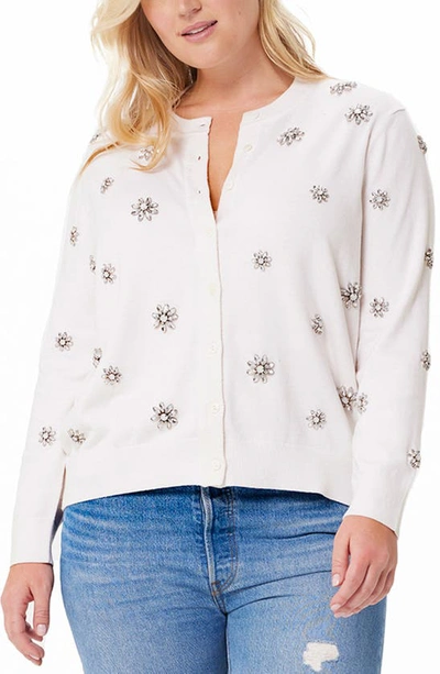 Minnie Rose Cotton Cashmere Crystal Flower Cardigan In White
