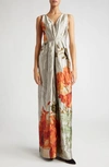 ERDEM FLORAL PLEATED V-NECK GOWN