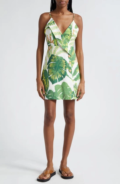 Farm Rio Tropical Forest Linen Mini Dress In Tropical Forest Off White
