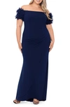 XSCAPE XSCAPE EVENINGS RUFFLE SLEEVE OFF THE SHOULDER GOWN