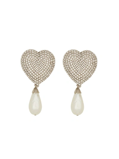 Alessandra Rich Heart Crystal Earrings With Pearls In Silver