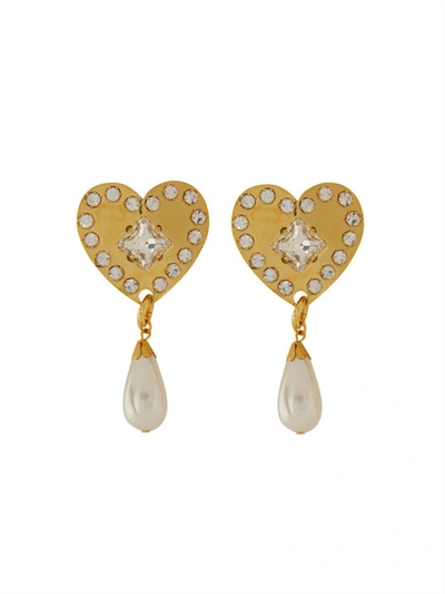Alessandra Rich Metal Heart Earrings With Crystals In Gold