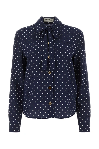 Miu Miu Printed Silk Shirt In Blu