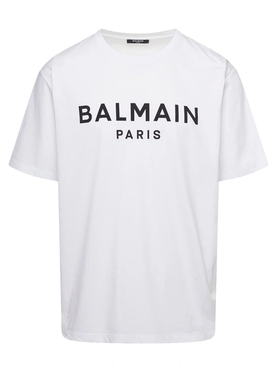 BALMAIN BALMAIN WHITE CREWNECK T-SHIRT WITH CONTRASTING LOGO LETTERING PRINT IN COTTON MAN