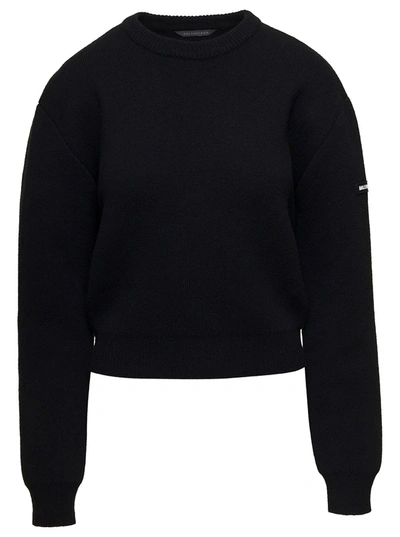 Balenciaga Black Cropped Crewneck Sweater With Logo Patch In Wool Blend Woman