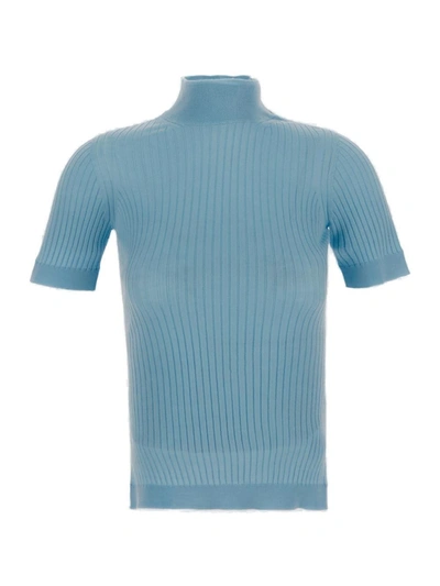 Versace Mock Neck Knitted Top In Celeste