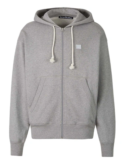 Acne Studios Face Logo Patch Zipped Hoodie In X92 Light Grey Melange