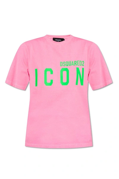 Dsquared2 Logo Printed Crewneck T-shirt In Pink Fluo