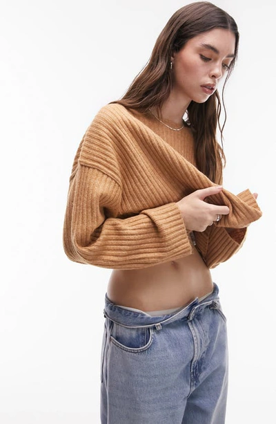 Topshop Knitted Rib Crop Crew Sweater-neutral