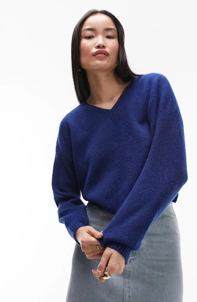 Topshop Knitted Crop V-neck Sweater In Blue