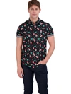 DENIM AND FLOWER SANTA GLASSES & CHRISTMAS TREE MENS HOLIDAY PRINT BUTTON FRONT CASUAL SHIRT