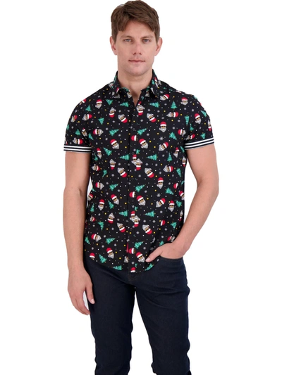 Denim And Flower Santa Glasses & Christmas Tree Mens Holiday Print Button Front Casual Shirt In Black
