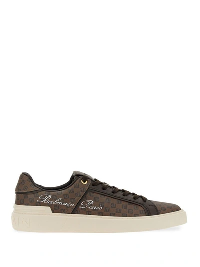 Balmain B-court Trainers In Monogram Leather In Brown