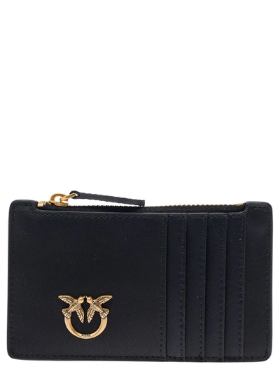 Pinko 'airone' Black Card-holder With Logo Patch In Leather Woman
