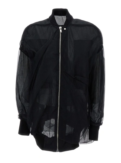 RICK OWENS BLACK JACKET WITH TULLE DESIGN IN TECHNICAL FABRIC WOMAN