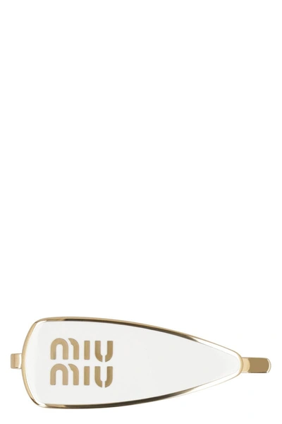 Miu Miu Engraved-logo Enamel Hair Clip In White