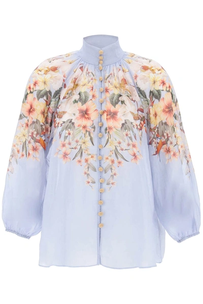 Zimmermann Lexi Billow Shirt With Floral Motif In Light Blue