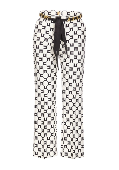 Elisabetta Franchi Macro Printing Flared Trousers With Belt In White