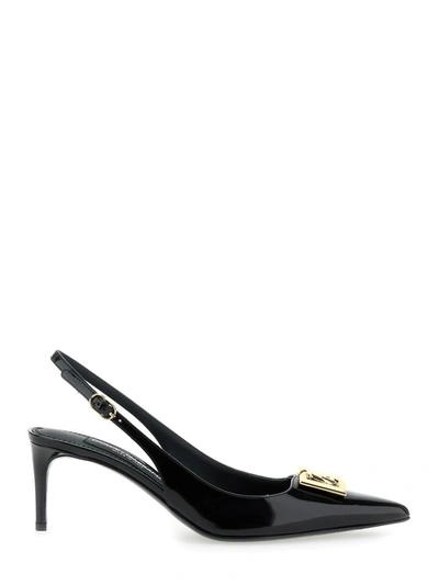 DOLCE & GABBANA BLACK SLINGBACK WITH PLATE LOGO IN PATENT LEATHER WOMAN