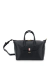 THOM BROWNE BLACK SMALL DUFFLE BAG WITH LAMINATED LOGO AND LOOP IN GRAIN LEATHER MAN