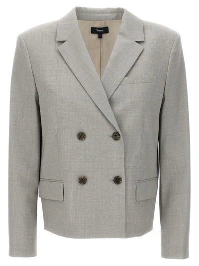 Theory Double-breasted Blazer In Grey