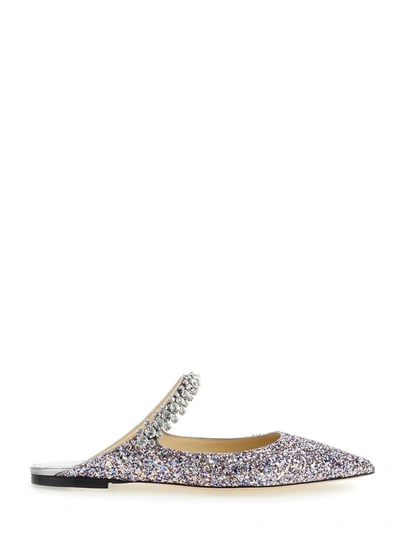 JIMMY CHOO 'BLING FLAT' MULTICOLOR MULES WITH CRYSTAL STRAP IN GLITTER FABRIC WOMAN
