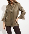 JOSEPH RIBKOFF STAND COLLAR BLOUSE IN OLIVE GREEN