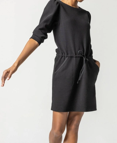 Lilla P Shirred Sleeve Drawstring Waist Dress In Black