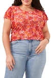 Vince Camuto Floral Flutter Sleeve Mesh T-shirt In Tulip Red