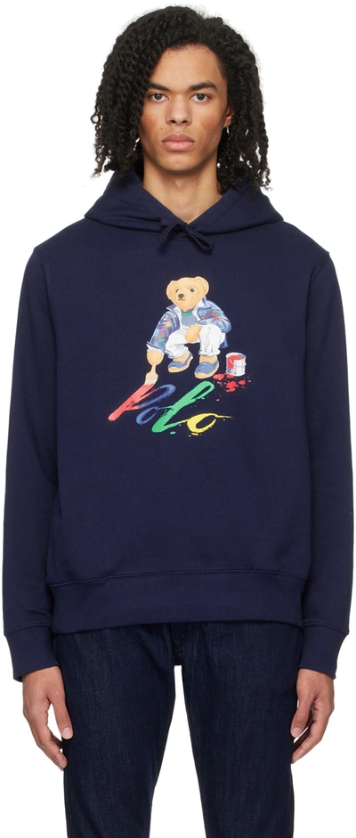 Polo Ralph Lauren Bear Printed Drawstring Hoodie In Blue