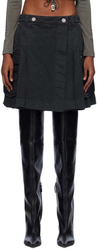 Dion Lee Black Kilt Denim Midi Skirt In Washed Black