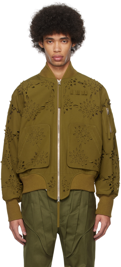 Juntae Kim Khaki Laser-slashed Flower Bomber Jacket In Yellow-green