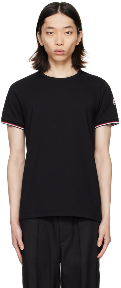 Moncler Striped-cuff Cotton-blend T-shirt In Black