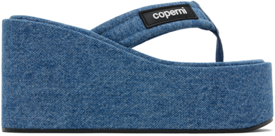 Coperni Blue Denim Branded Wedge Sandals In Wasblu Washed Blue