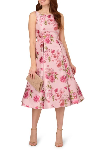 ADRIANNA PAPELL FLORAL JACQUARD FIT & FLARE COCKTAIL MIDI DRESS