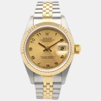 Pre-owned Rolex Champagne 18k Yellow Gold Stainless Steel Datejust 69173 Automatic Women's Wristwatch 26 Mm
