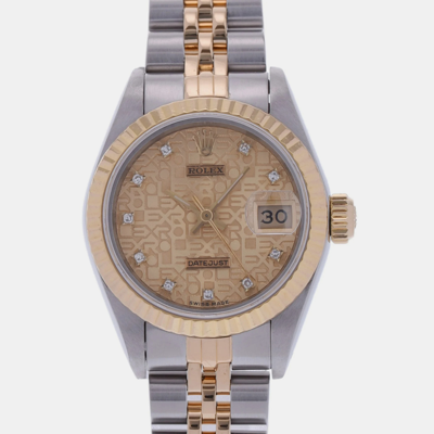 Pre-owned Rolex Champagne Diamond 18k Yellow Gold Stainless Steel Datejust 69173 Automatic Women's Wristwatch 26 Mm