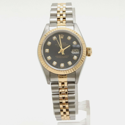 Pre-owned Rolex Black Diamond 18k Yellow Gold Stainless Steel Datejust 79173 Automatic Women's Wristwatch 26 Mm