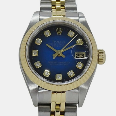 Pre-owned Rolex Blue Diamond 18k Yellow Gold Stainless Steel Datejust 69173 Automatic Women's Wristwatch 26 Mm