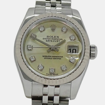 Pre-owned Rolex Yellow Shell Diamond 18k White Gold Stainless Steel Datejust 179174 Automatic Women's Wristwatch 26