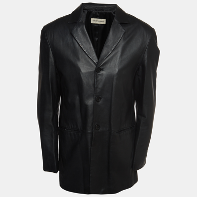 Pre-owned Emporio Armani Black Leather Single Breasted Buttoned Coat Xl