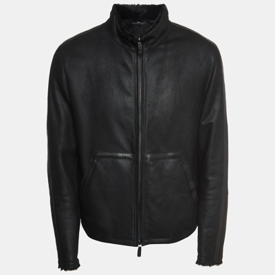 Pre-owned Giorgio Armani Black Leather And Fur Zipper Jacket Xl
