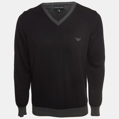 Pre-owned Emporio Armani Black Cotton Knit V-neck Sweater M