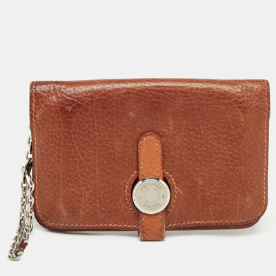 Pre-owned Hermes Fauve/orange Fjord Leather Dogon Card Holder In Brown