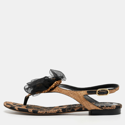 Pre-owned Dolce & Gabbana Beige/black Raffia Floral Applique Thong Flat Sandals Size 40