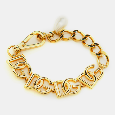 Pre-owned Dolce & Gabbana Dg Motif Faux Pearl Gold Tone Chain Link Bracelet