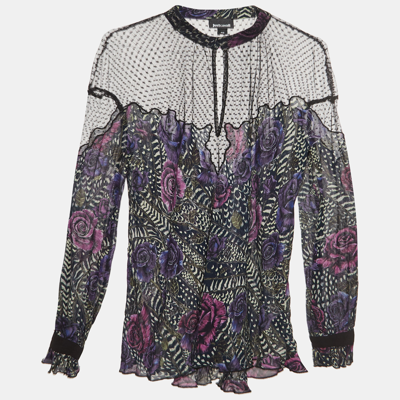Pre-owned Just Cavalli Purple/black Floral Print Crepe And Tulle Long Sleeves Top L