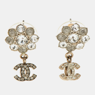 Pre-owned Chanel Cc Crystal Gold Tone Camellia Drop Earrings In Silver